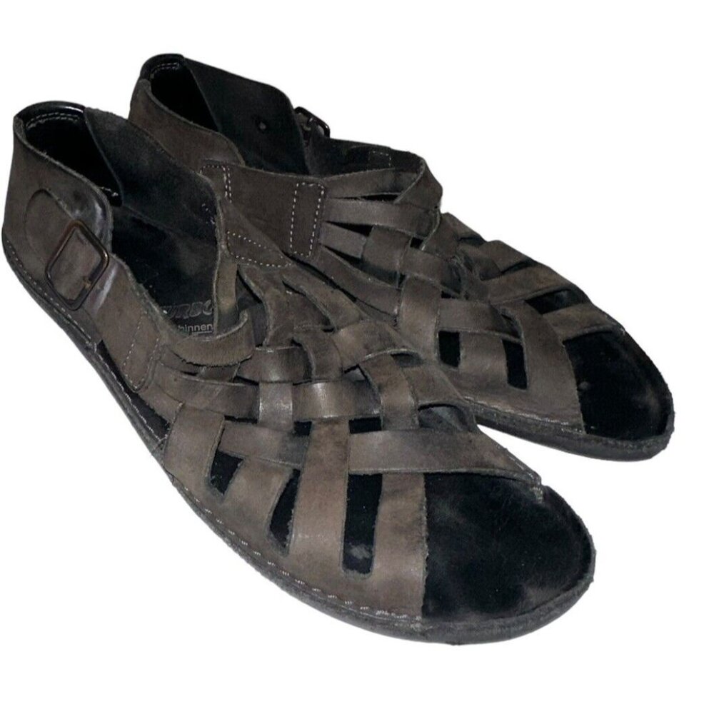Loints Of Holland Womens Flat Strappy Dark Gray Leather Sandals Sz 38 Or 7-7.5